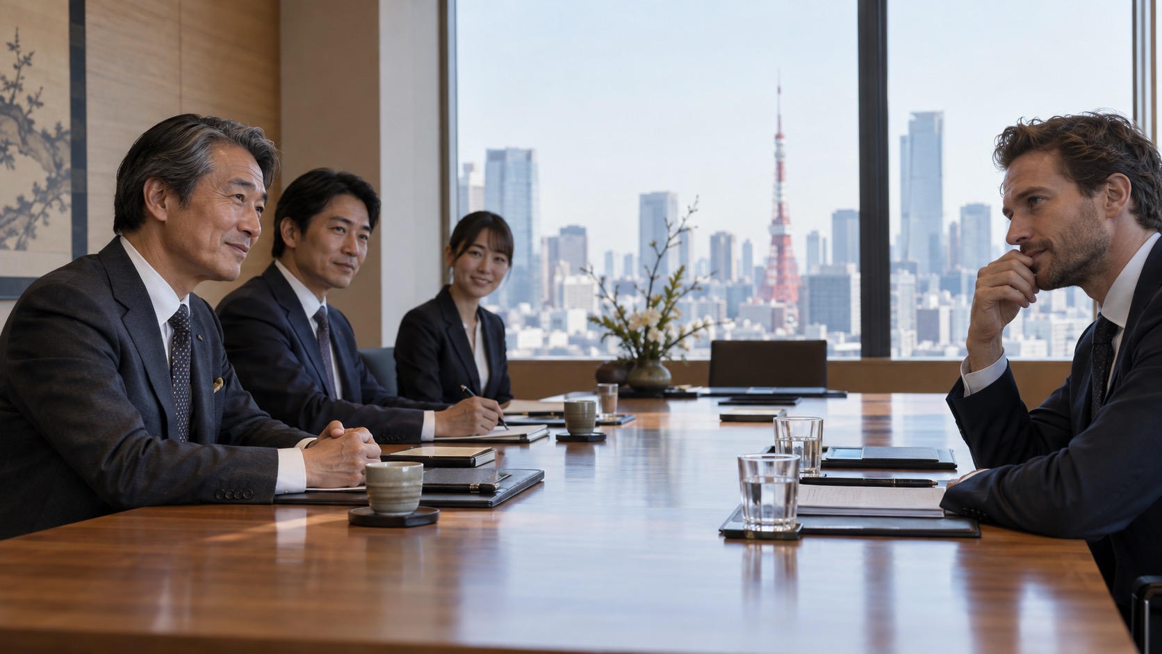 A business meeting in Tokyo ending politely with kentou shimasu — we will consider it