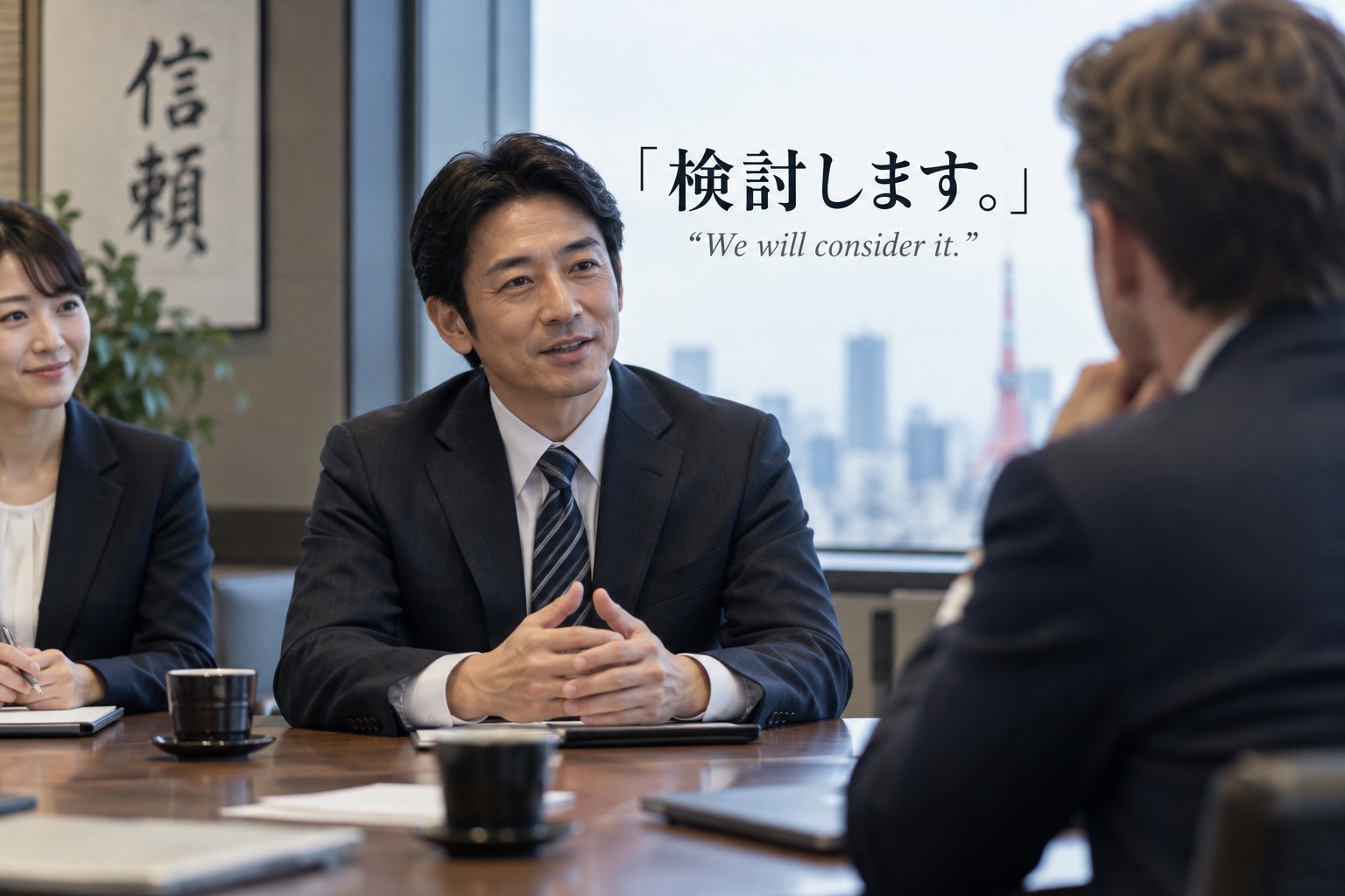 A Japanese executive saying kentou shimasu — we will consider it — at the end of a business meeting in Japan