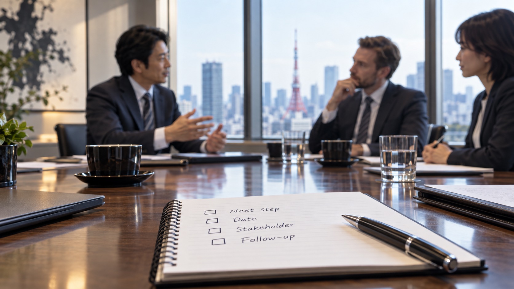A notebook checklist of the signals that matter after a Japanese business meeting — next step, date, stakeholders, follow-up