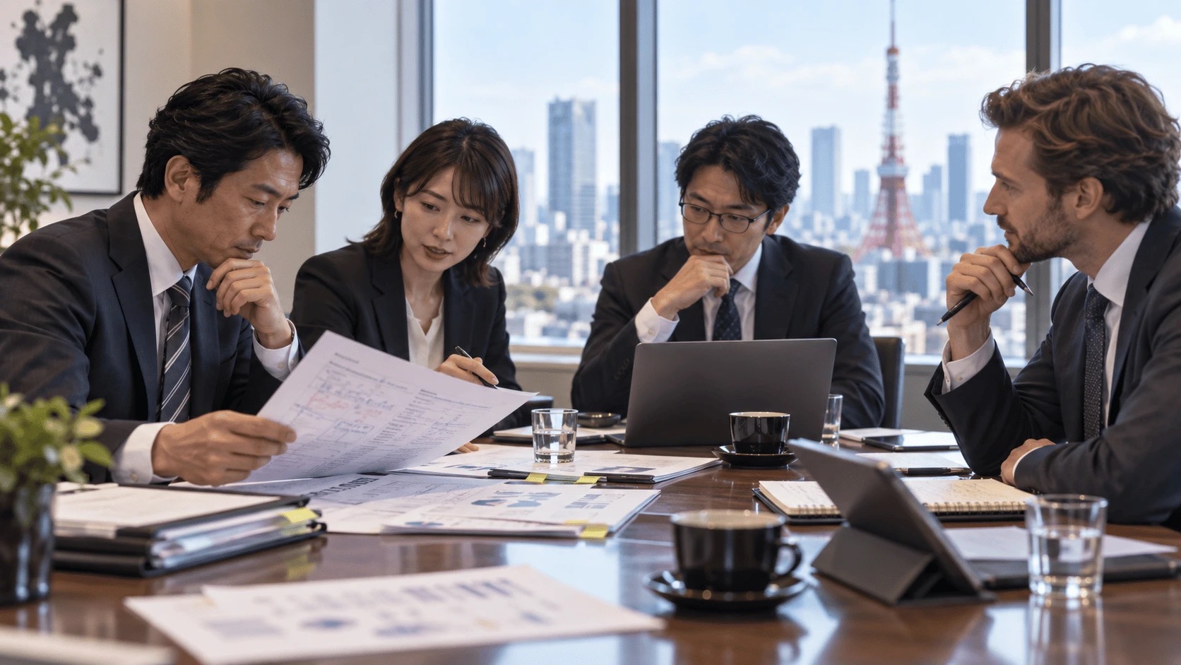A Europe–Japan business team examining a proposal document in detail during an internal review in Tokyo