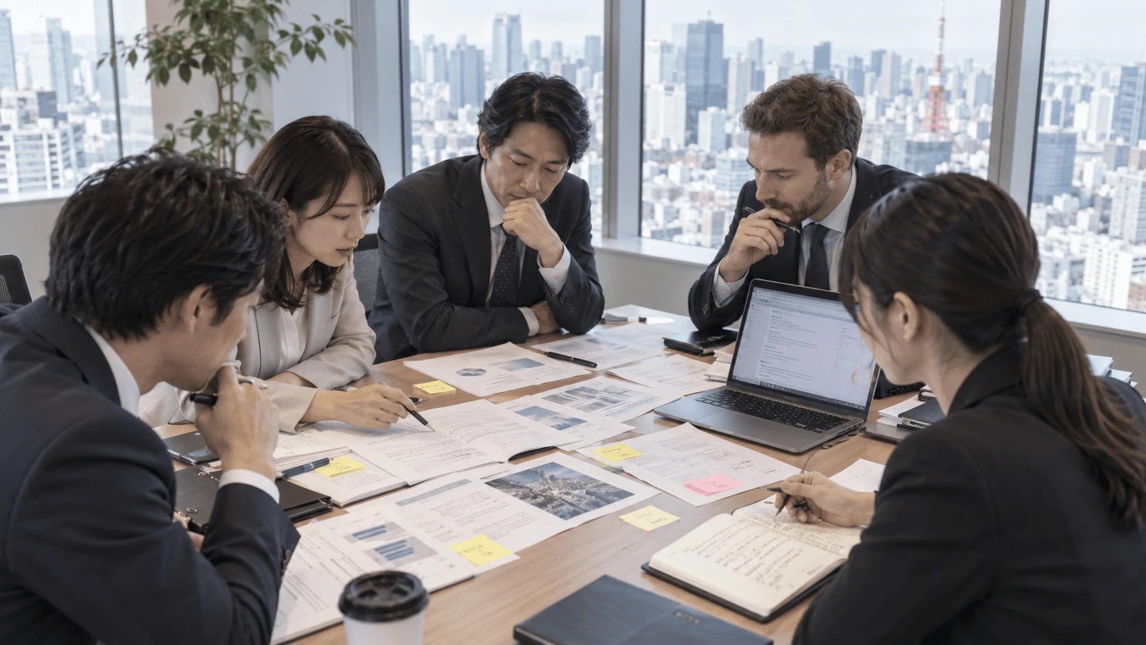 A team working through annotated documents and sticky notes — internal alignment before commitment in a Japanese organisation