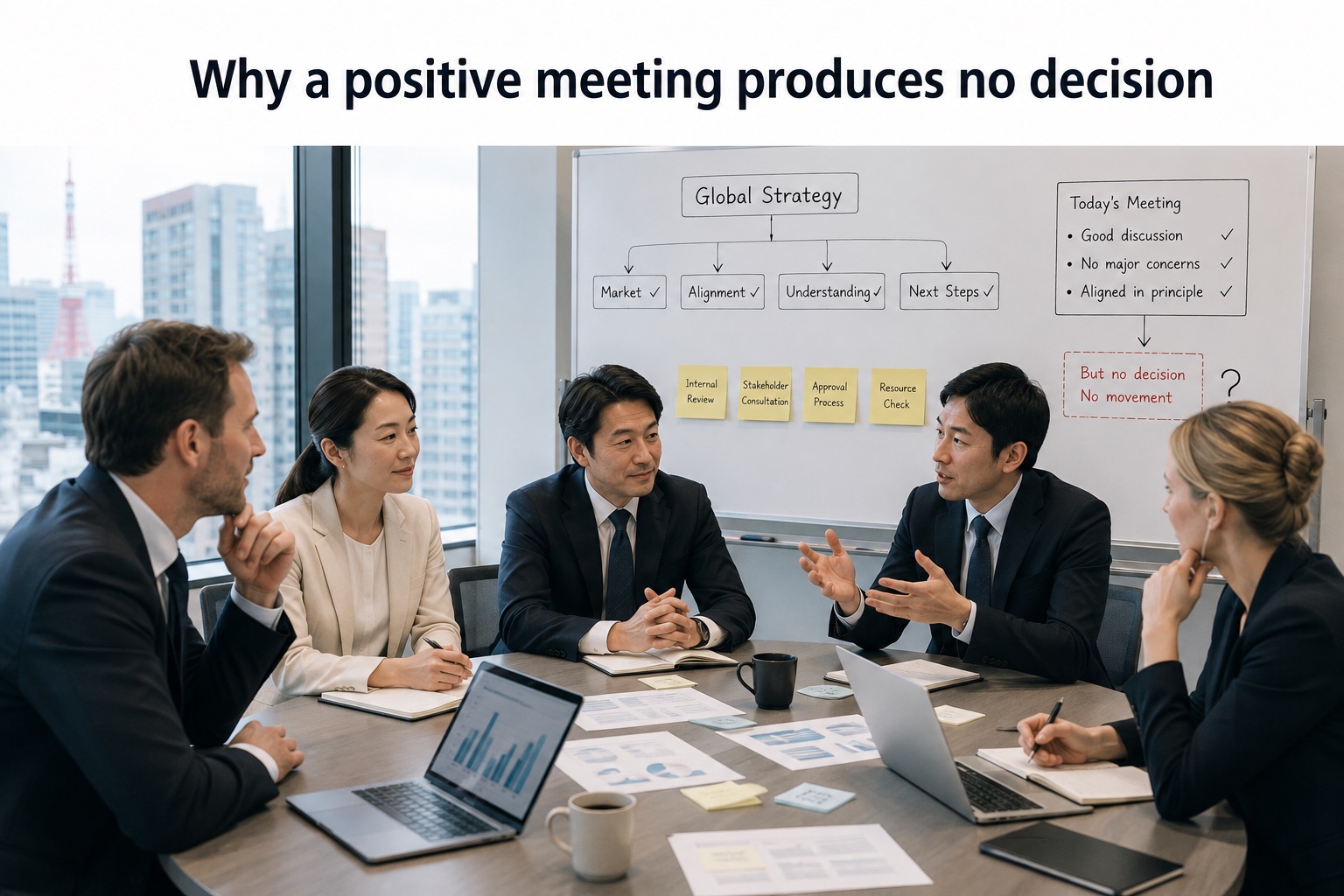 Global headquarters and the Japan organisation reviewing local adoption, internal alignment and execution of a global initiative