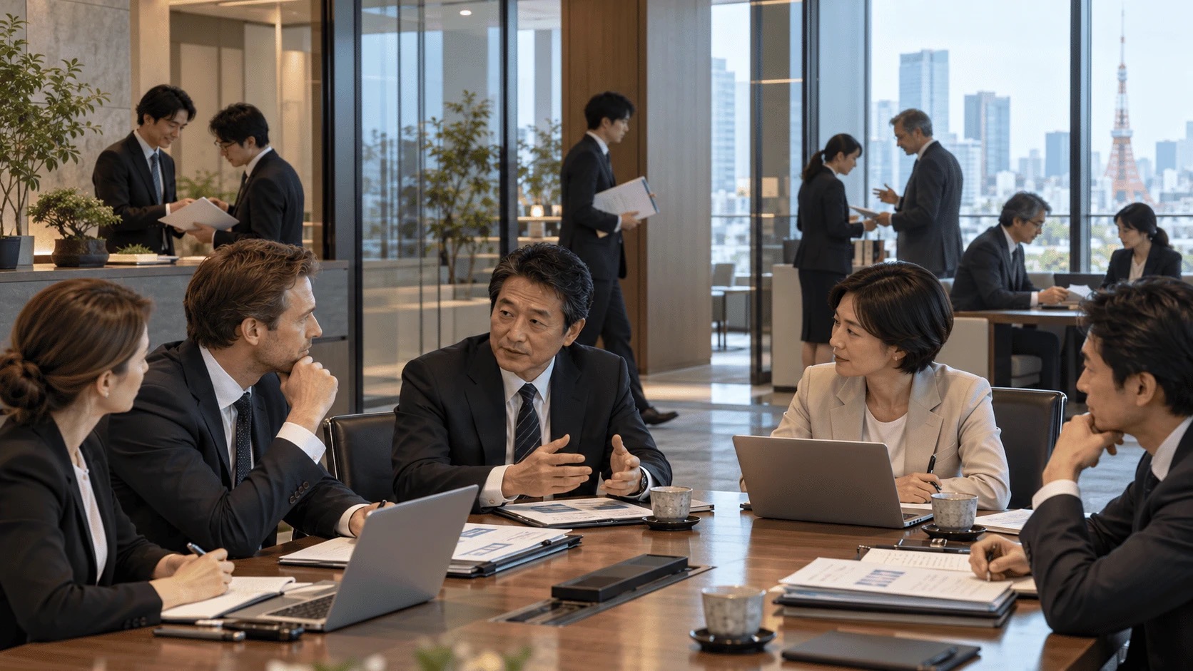 A calm formal meeting in a Japanese office while informal nemawashi conversations happen in the background