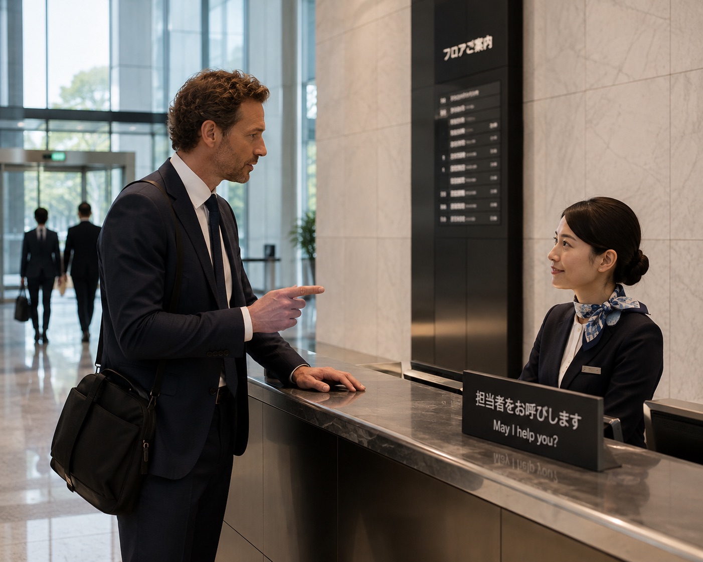 European business visitor arriving at a Japanese company for meetings with local stakeholders and decision-makers