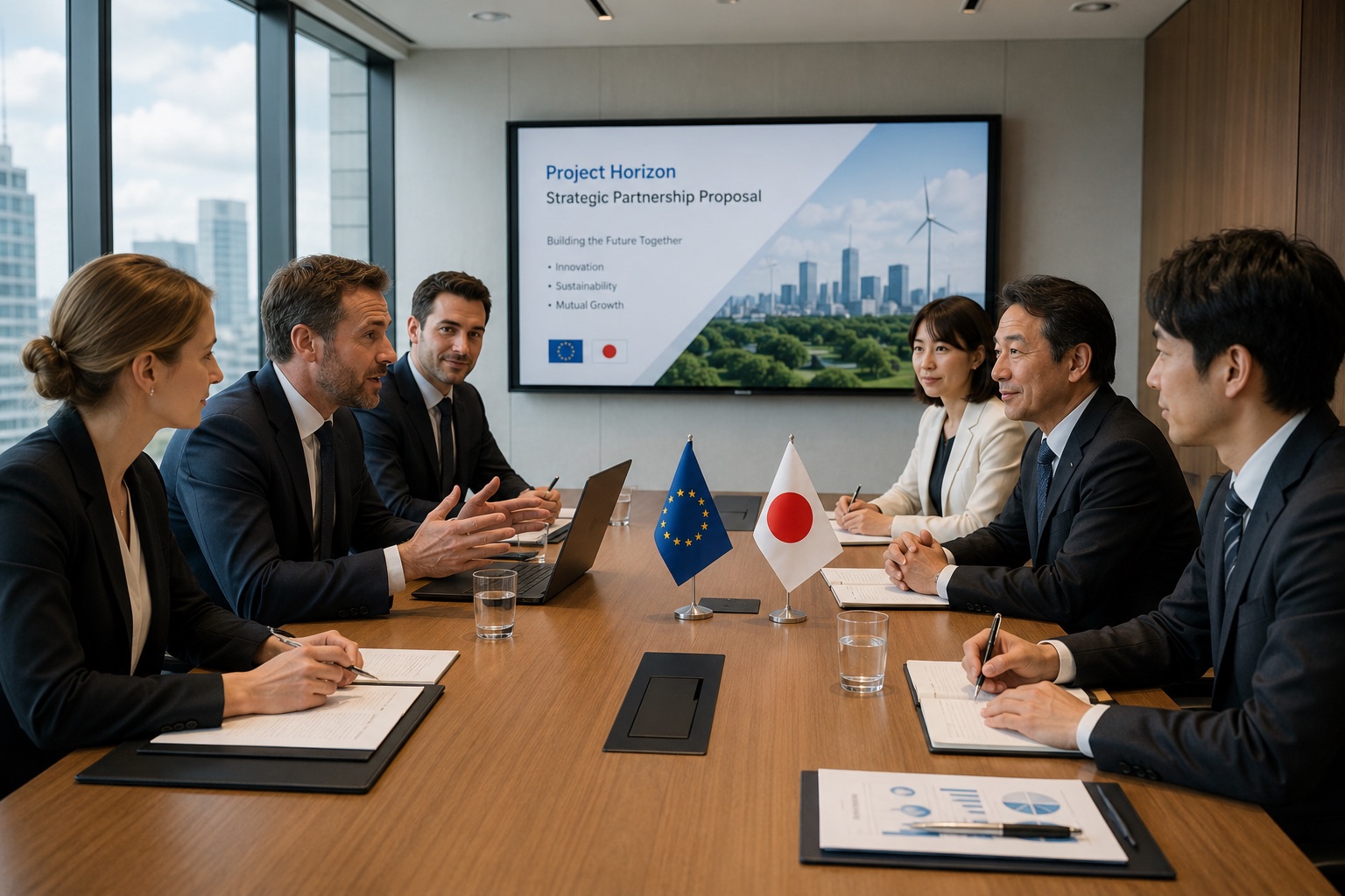 European and Japanese business leaders discussing a strategic partnership proposal and next steps in Japan