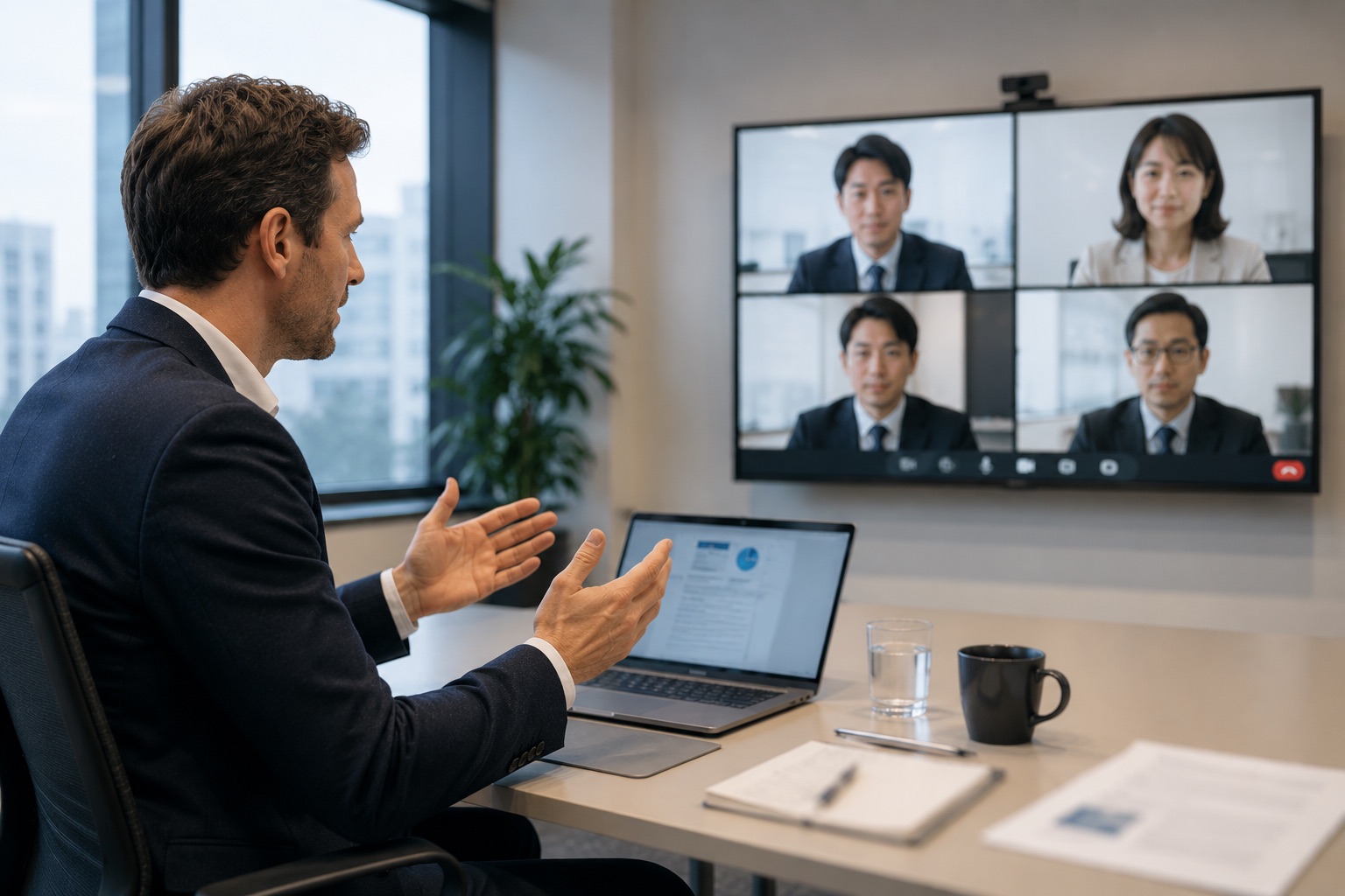 European manager in a video meeting with Japanese head office to align on strategy, decisions and next steps
