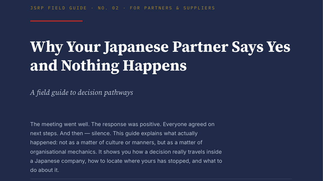 Cover of the field guide Why Your Japanese Partner Says Yes and Nothing Happens — Japanese decision pathways for partners and suppliers