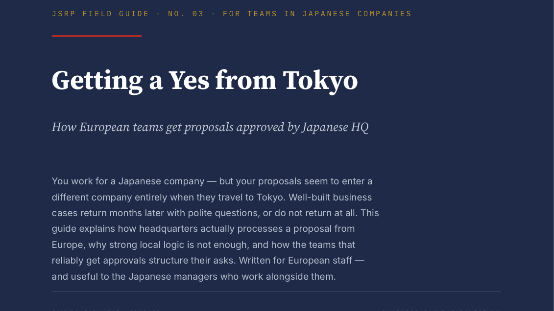 Cover of the field guide Getting a Yes from Tokyo — how European teams get proposals approved by Japanese headquarters